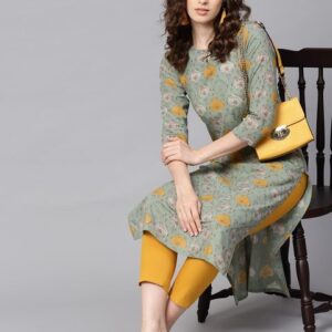 AHIKA Women Green & Mustard Yellow Printed Straight Kurta