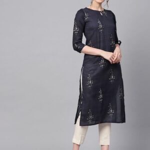 AHIKA Women Navy Blue & Off-White Printed Straight Kurta