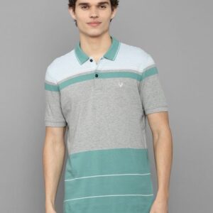 Allen Solly Men Green & Grey Striped Polo Collar Pure Cotton T-shirt