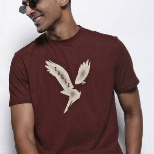AMERICAN EAGLE OUTFITTERS Men Burgundy & Off White Standard Fit Brand Logo Cotton T-shirt