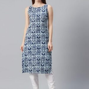 anayna Women Navy Blue & White Printed Straight Kurta