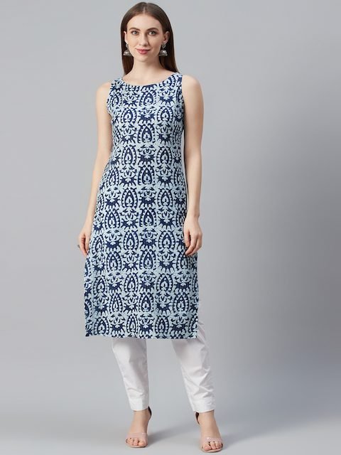 anayna Women Navy Blue & White Printed Straight Kurta