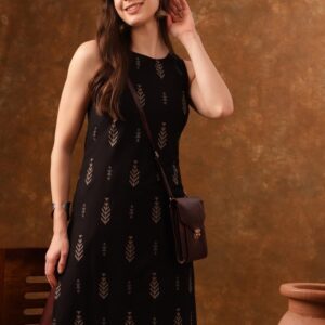 Anouk Black Ethnic Motifs Printed Sleeveless Straight Kurta