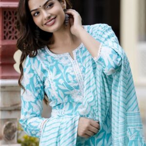 Anouk Floral Embroidered Regular Pure Cotton Straight Kurta with Pyjamas & Dupatta