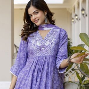 Anouk Floral Embroidered Sequinned Empire A-Line Pure Cotton Kurta With Trousers & Dupatta
