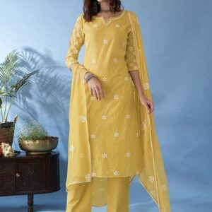 Anouk Floral Embroidered Thread Work Pure Cotton Straight Kurta With Trousers & Dupatta