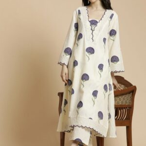Anouk Floral Printed Bell Sleeves Thread Work Pure Cotton A-Line Kurta With Palazzos