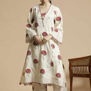 Anouk Floral Printed V-Neck Regular Pure Cotton A-Line Kurta with Palazzo