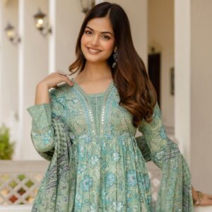 Anouk Floral Yoke Design Empire Mirror Work Pure Cotton Kurta with Trousers & Dupatta