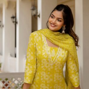 Anouk Floral Yoke Design Pure Cotton Straight Kurta With Patiala & Dupatta