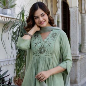 Anouk Floral Yoke Design V-Neck Empire Aari Work Pure Cotton Kurta with Pyjamas & Dupatta