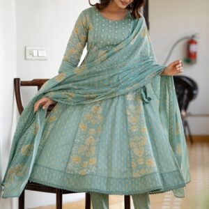 Anouk Green Floral Printed Panelled Pure Cotton Anarkali Kurta With Trousers & Dupatta