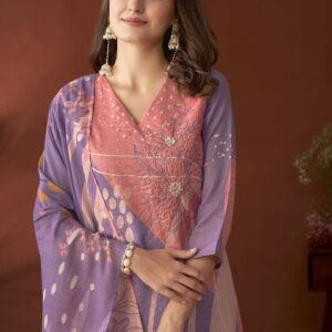 Anouk Lavender Floral Embroidered Beads & Stones Linen Kurta with Trousers & Dupatta