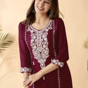 Anouk Maroon Ethnic Motifs Embroidered Round Neck Thread Work Straight Kurta
