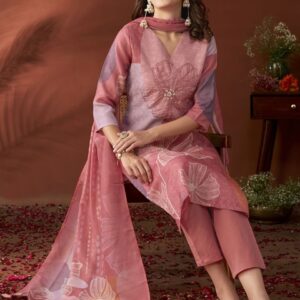 Anouk Mauve Ethnic Motifs Embroidered Beads & Stones Linen Kurta with Trousers & Dupatta