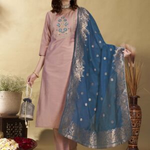 Anouk Mauve Floral Yoke Design Thread Work Straight Kurta With Trousers & Dupatta