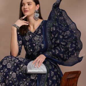 Anouk Navy Blue Ethnic Motifs Printed Pure Cotton Anarkali Kurta & Trouser With Dupatta