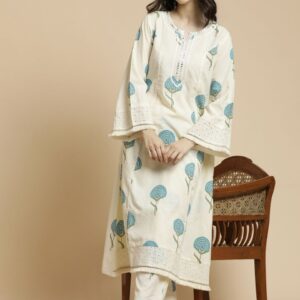 Anouk Off-White & Blue Floral Printed Notch Neck Thread Work Cotton A-Line Kurta & Trouser