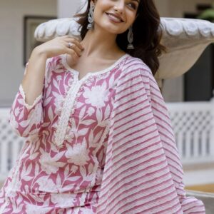 Anouk Pink Floral Printed Straight Thread Work Pure Cotton Kurta with Trousers & Dupatta