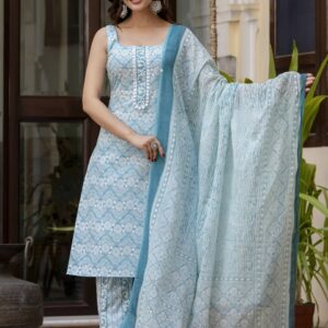 Anouk Rustic Blue Floral Printed Square Neck Pure Cotton Straight Kurta With Trousers & Dupatta