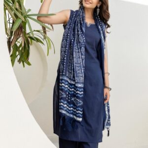 Anouk Rustic Notch Neck Thread Work Pure Cotton Straight Kurta With Trousers & Dupatta