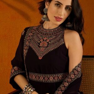 Anouk Violet Embroidered Anarkali Beads And Stones Kurta with Trousers & Dupatta