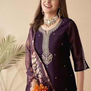 Anouk Violet Ethnic Motifs Embroidered Sequined Straight Kurta with Trousers & Dupatta