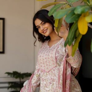 Anouk White Floral Printed Straight Pure Cotton Kurta With Palazzos & Dupatta