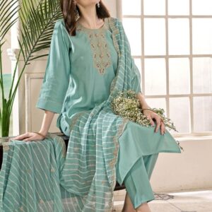 Anouk Women Ethnic Motifs Yoke Design Regular Thread Work Kurta with Trousers & With Dupatta