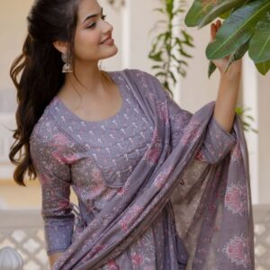 Anouk Women Floral Yoke Design Panelled Aari Work Pure Cotton Kurta with Trousers & With Dupatta