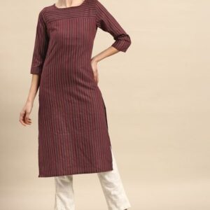 Anouk Women Maroon Striped Thread Work Yarn Dyed Kurta