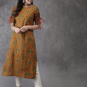 Anouk Women Orange & Green Printed Straight Kurta