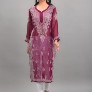 Apratim Women Maroon Ethnic Motifs Embroidered Flared Sleeves Chikankari Georgette Kurta