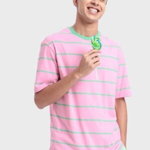 Bewakoof Men Pink & Green Striped Loose Cotton T-shirt