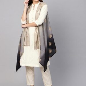 Biba Women Beige Solid A-Line Kurta with Asymmetric Shrug