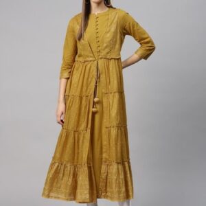 Biba Women Mustard Brown & Golden Printed Layered Anarkali Kurta