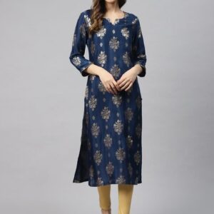 Biba Women Navy Blue & Golden Printed Straight Kurta