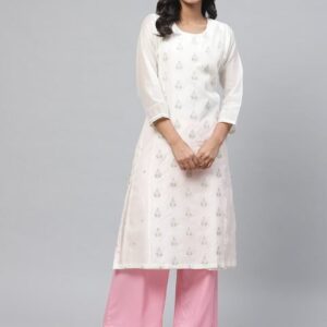 Biba Women Off-White & Silver Woven Design Layered Straight Kurta