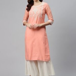 Biba Women Peach-Coloured & Off-White Yoke Design Straight Kurta