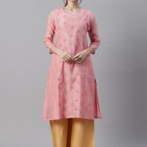 Biba Women Pink & Silver Ethnic Embroidered Straight Kurta