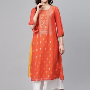 Biba Women Rust Orange & Golden Printed Layered Straight Kurta