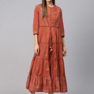 Biba Women Rust Red & Golden Printed Layered Anarkali Kurta