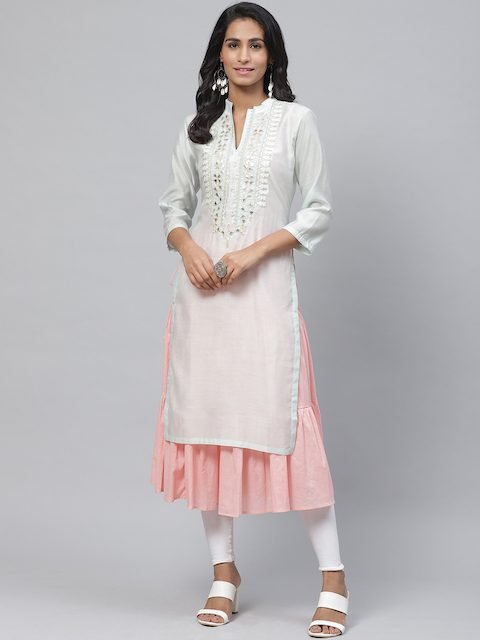 Biba Women Sea Green & Pink Yoke Design Layered A-Line Kurta