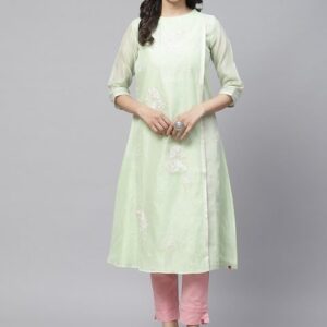 Biba Women Sea Green & White Embroidered A-Line Kurta