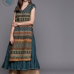 Biba Women Teal Ethnic Motifs Printed Kurta with Mask