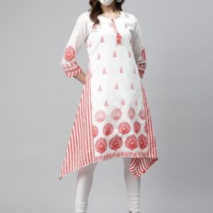 Biba Women White Pink Printed Pure Cotton A-Line Asymmetric Kurta