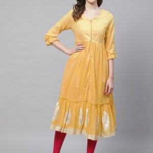 Biba Women Yellow & Silver Yoke Design A-Line Layered Kurta