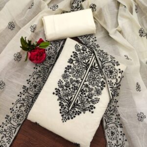 BlissFlair Floral Embroidered Chanderi Cotton Unstitched Dress Material