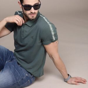 Calvin Klein Jeans Men Teal Green Solid Polo Collar Pure Cotton Slim Fit T-shirt