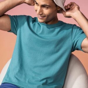 DAMENSCH Men Teal Popcorn Textured Crew T-shirt